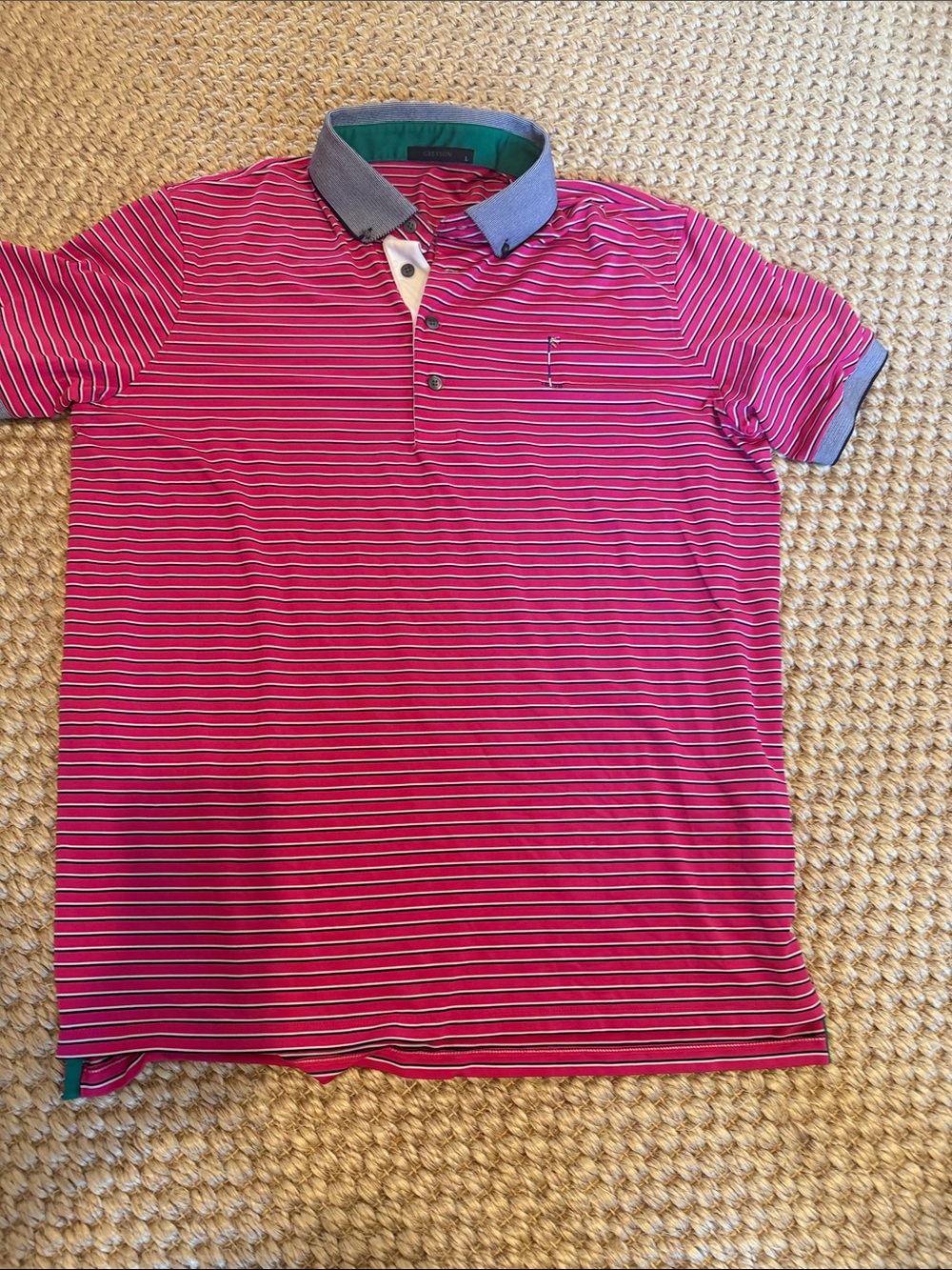 Greyson Pink & White Striped Polo with Contrast Collar golf performance shirt